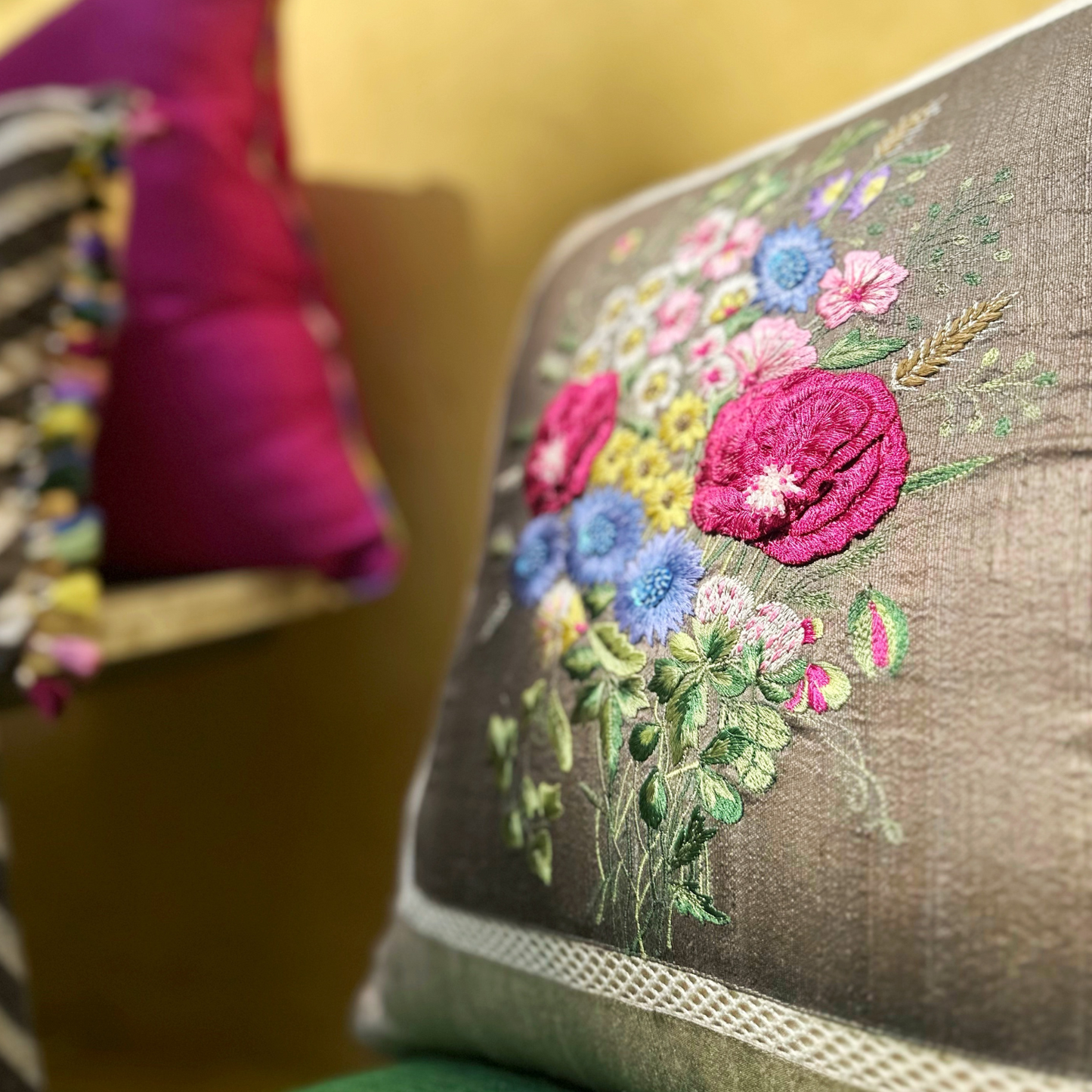 Tuscany Poppy Raw Silk Cushion Cover (18 by 18 inches)