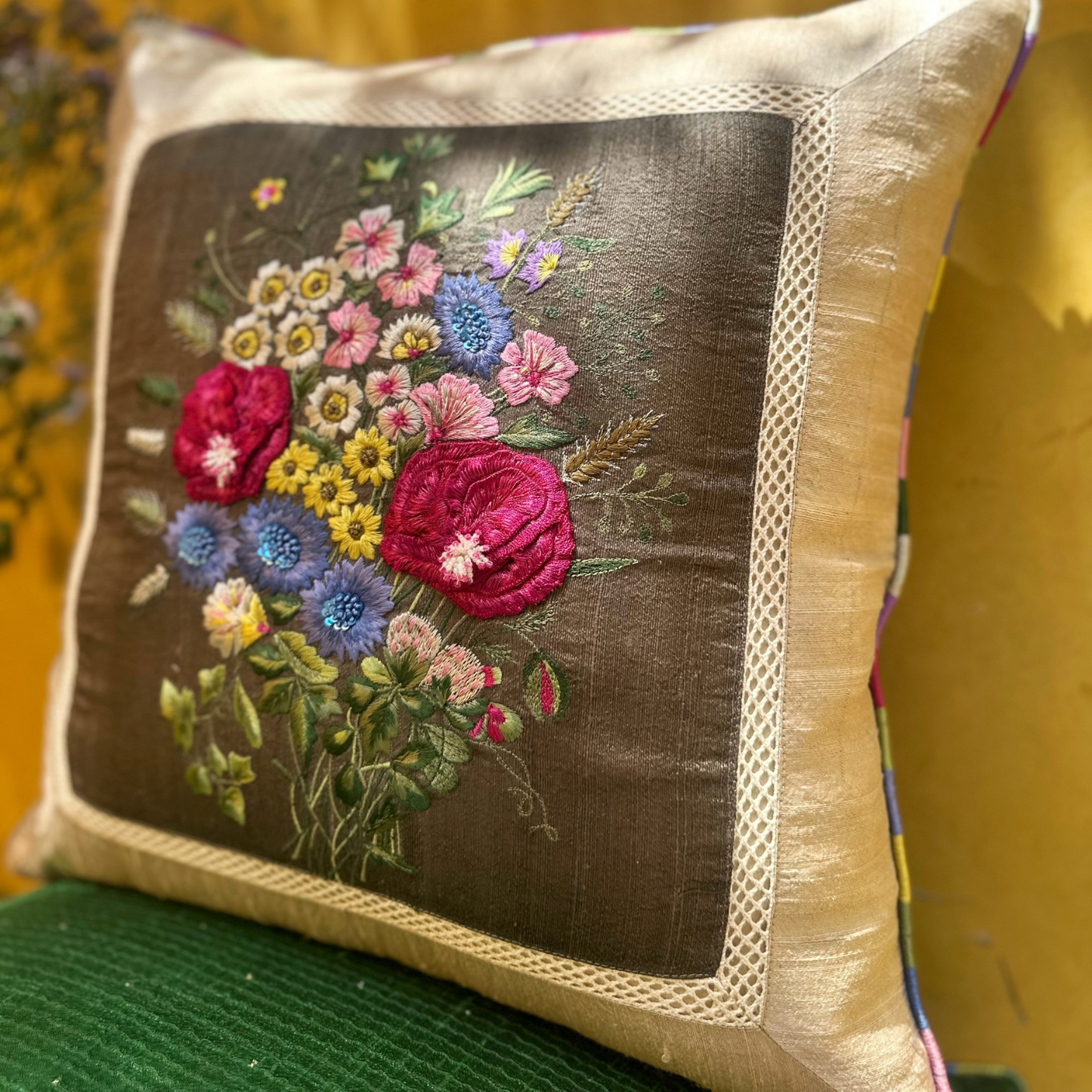 Tuscany Poppy Raw Silk Cushion Cover (18 by 18 inches)