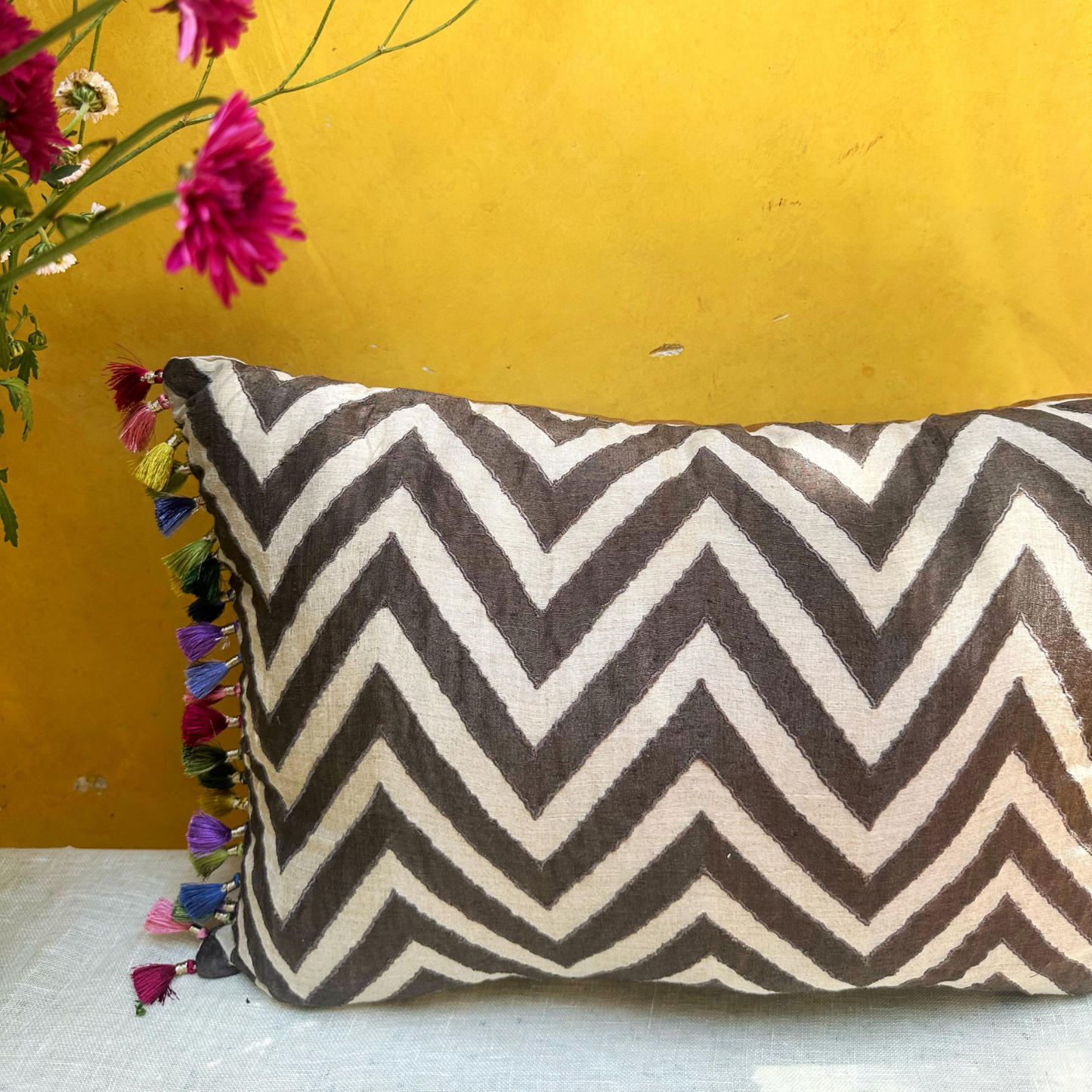 Tuscany Chevron Silk Linen Cushion Cover (14 by 20 Inches )