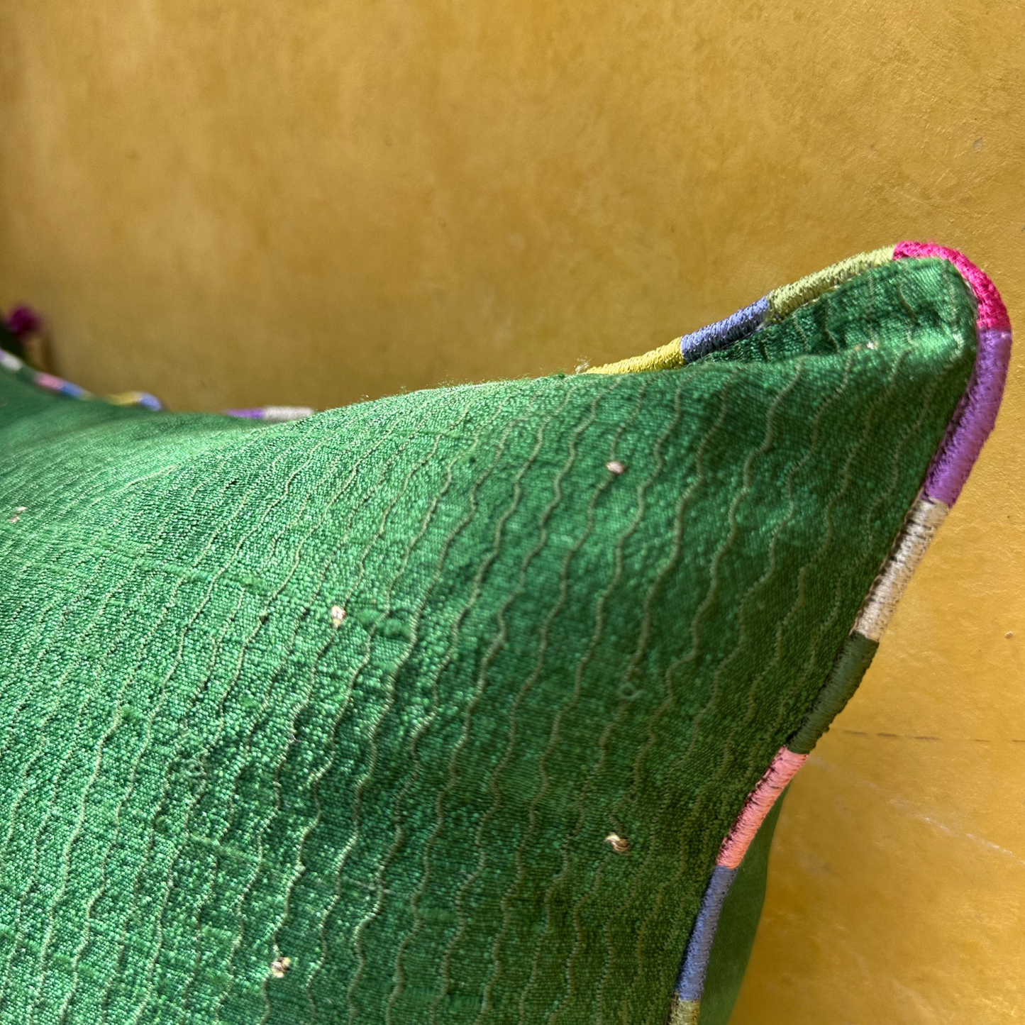 Tuscany Green leher Raw Silk Cushion (14 by 20 Inches)