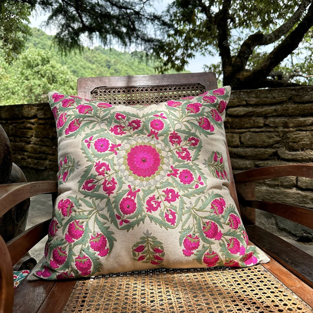 Gulabi Bhag Suzani Cushion Cover 20 by 20 Inches Saamro