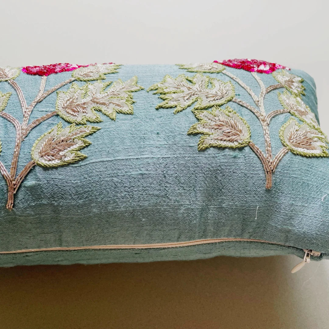 Firozi Sitara Silk Cushion Cover (8 by 16 Inches)