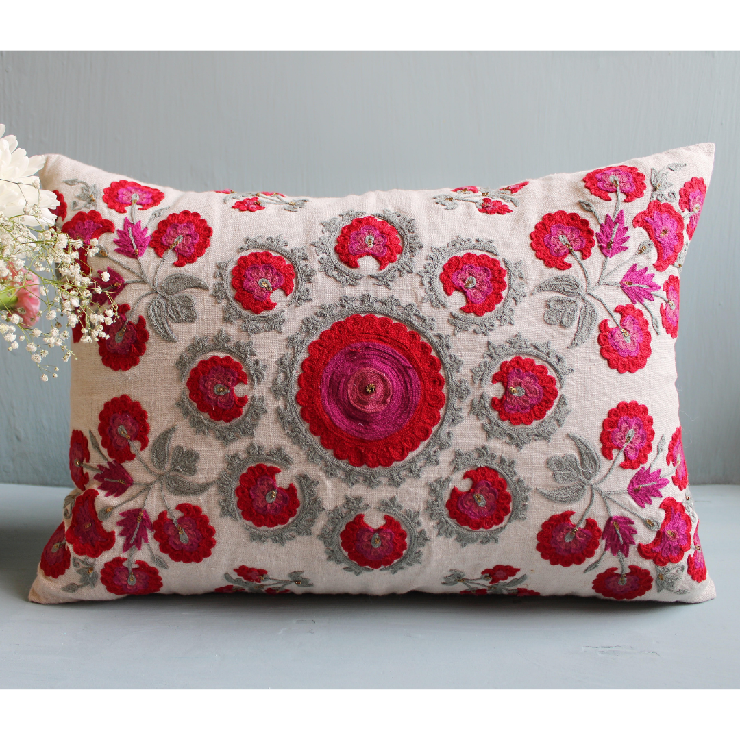 Red Round Butah Suzani Cushion Cover 14 by 20 Inches Saamro