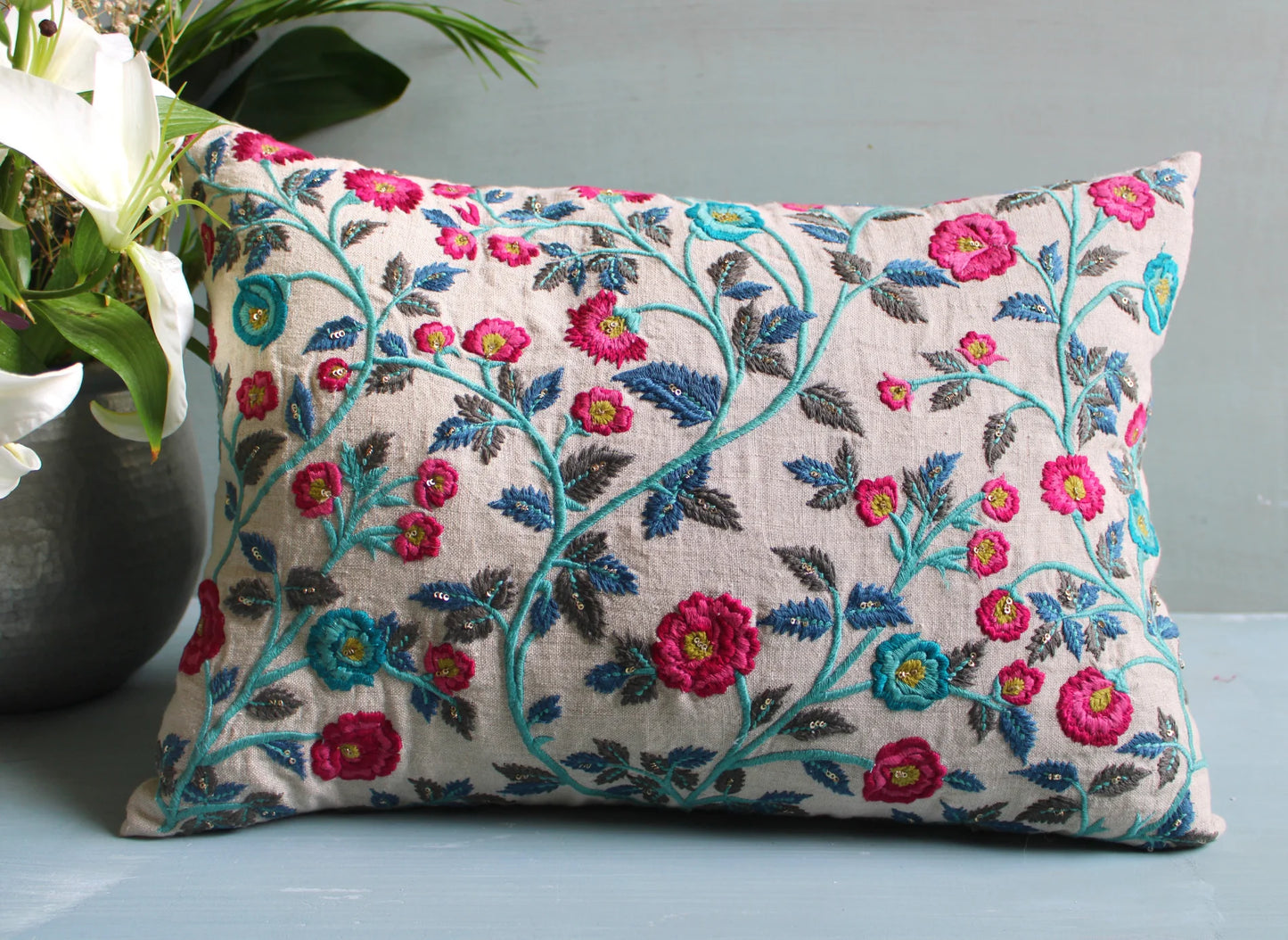 Floral Cotton Thread Cushion Cover (14 by 20 Inches)