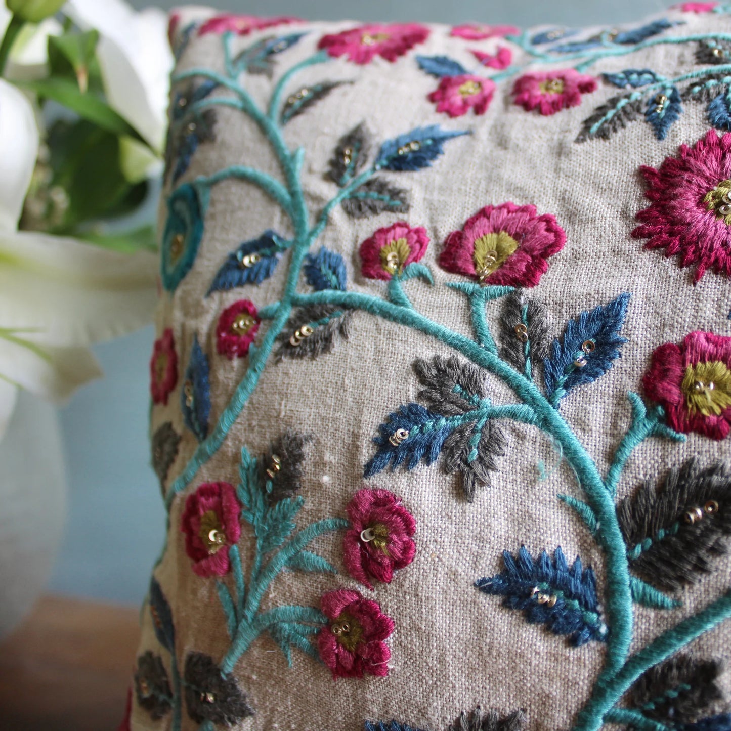 Floral Cotton Thread Cushion Cover (14 by 20 Inches)