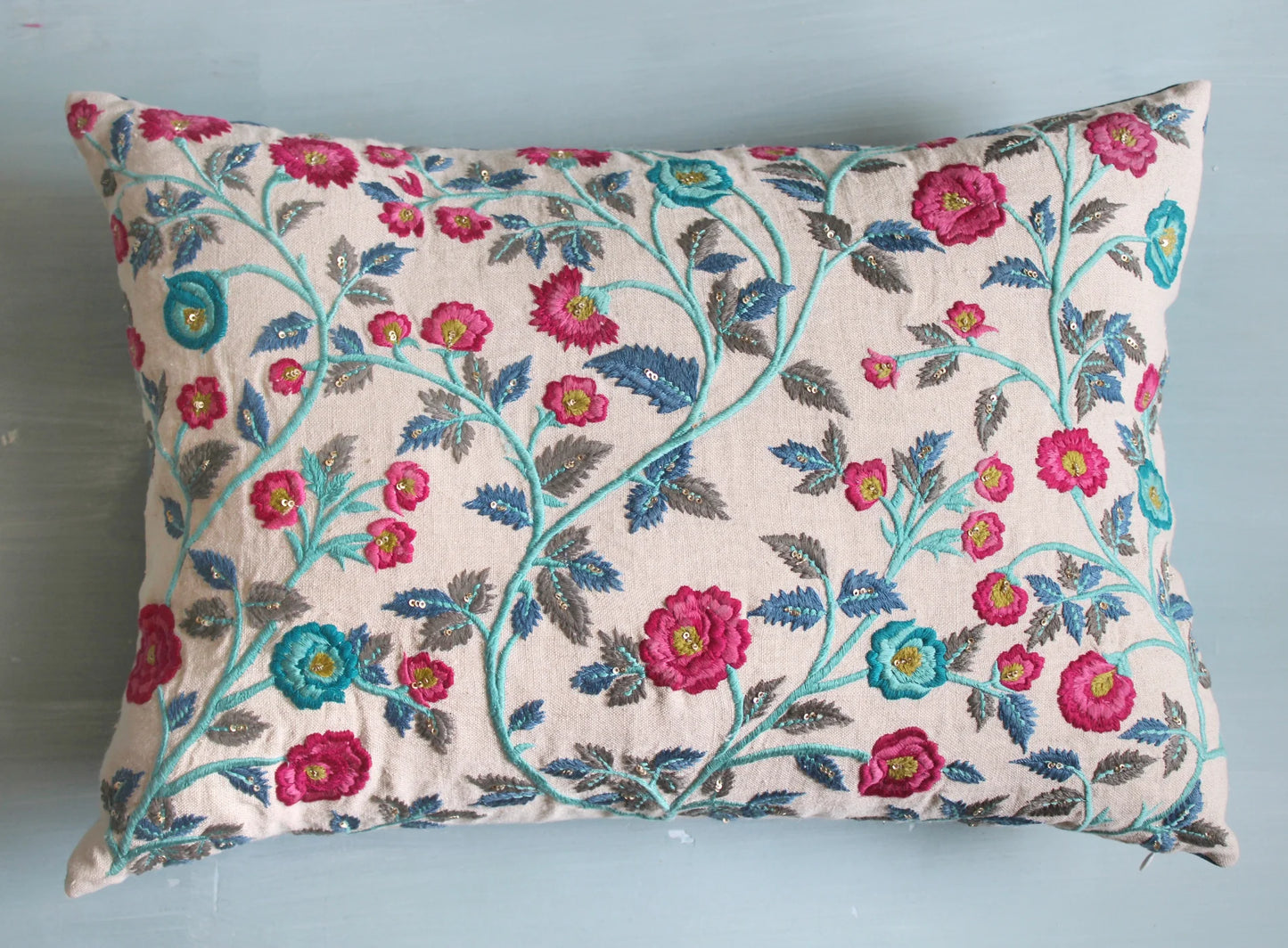 Floral Cotton Thread Cushion Cover (14 by 20 Inches)