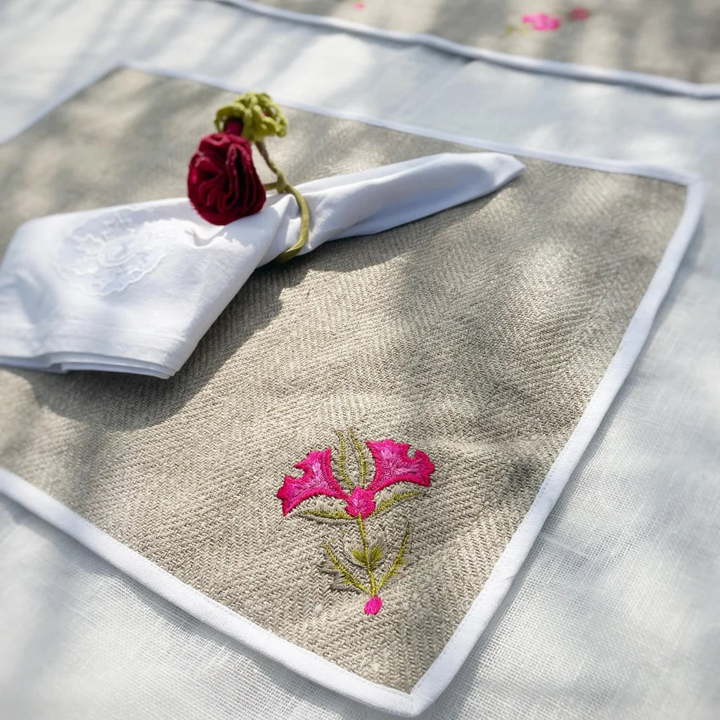 Textured Linen Embroidered Placemats (Set of 4)