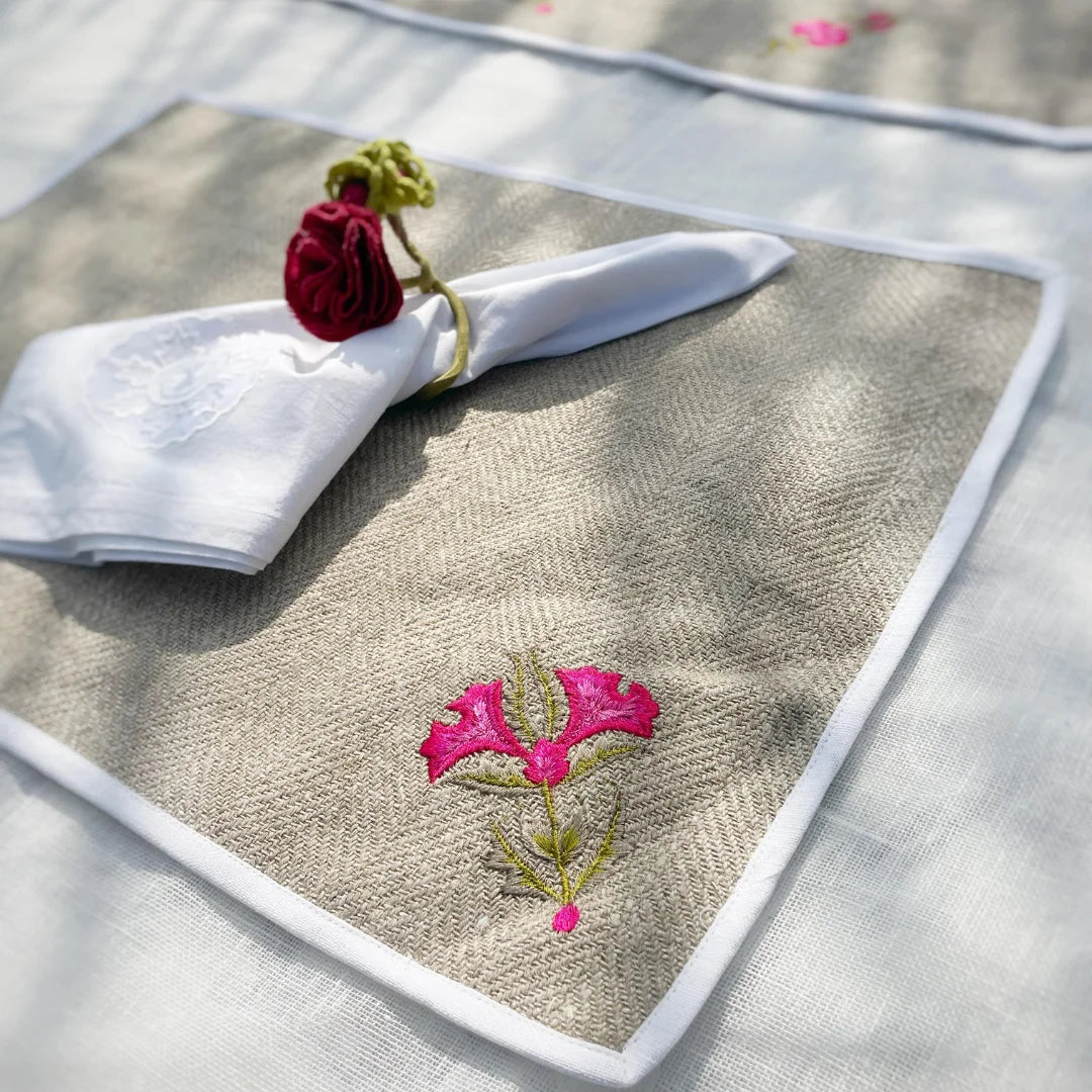 Textured Linen Embroidered Placemats (Set of 4)