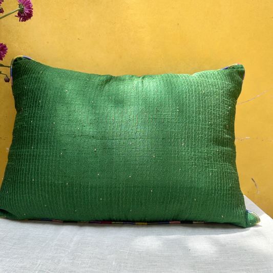 Tuscany Green leher Raw Silk Cushion (14 by 20 Inches)