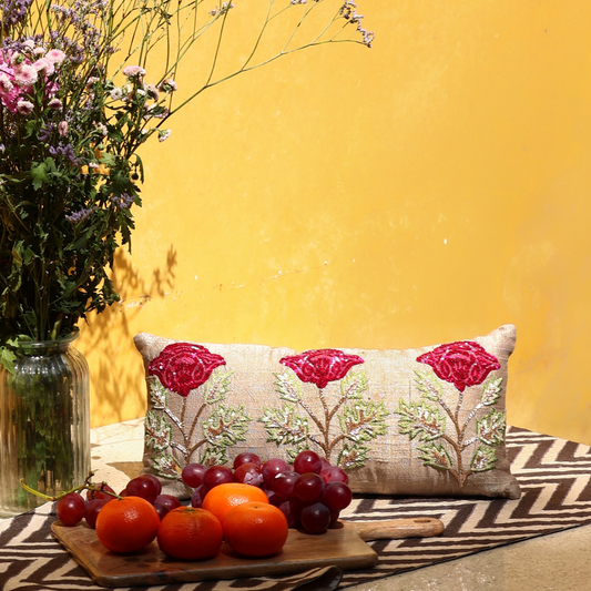 Poppy Sitara Handcrafted Raw Silk  Cushion (8 by 16 Inches)