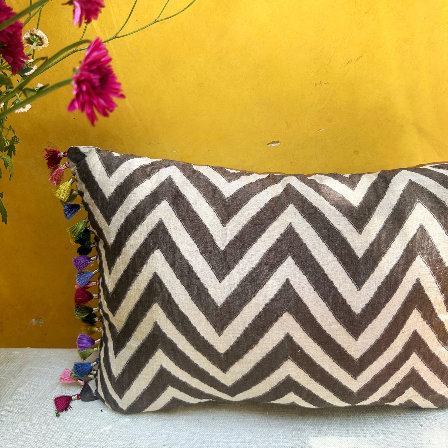 Tuscany Chevron Silk Linen Cushion Cover (14 by 20 Inches )