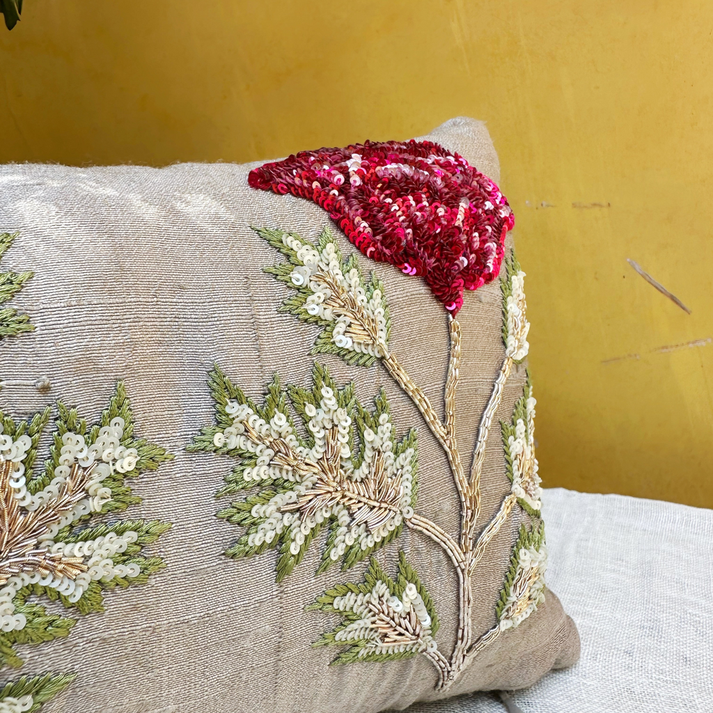 Poppy Sitara Handcrafted Raw Silk  Cushion (8 by 16 Inches)