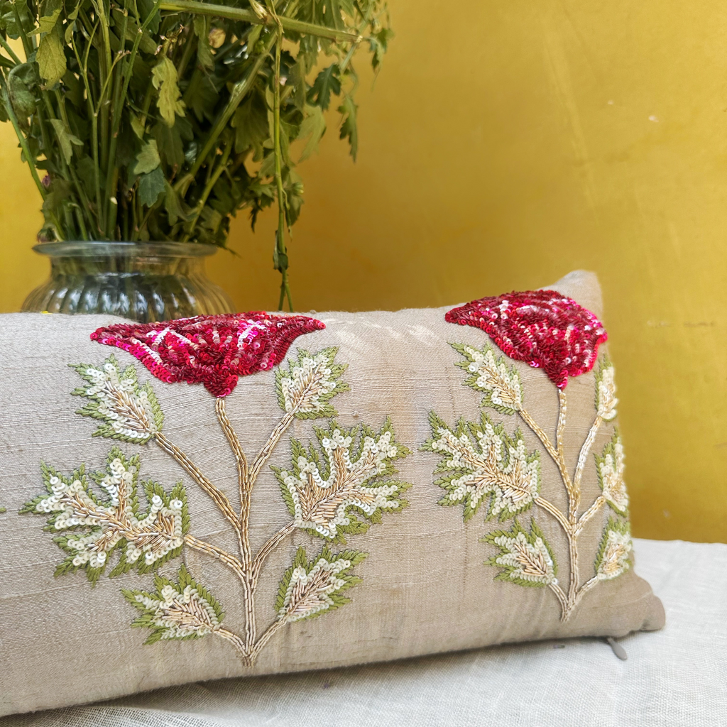 Poppy Sitara Handcrafted Raw Silk  Cushion (8 by 16 Inches)