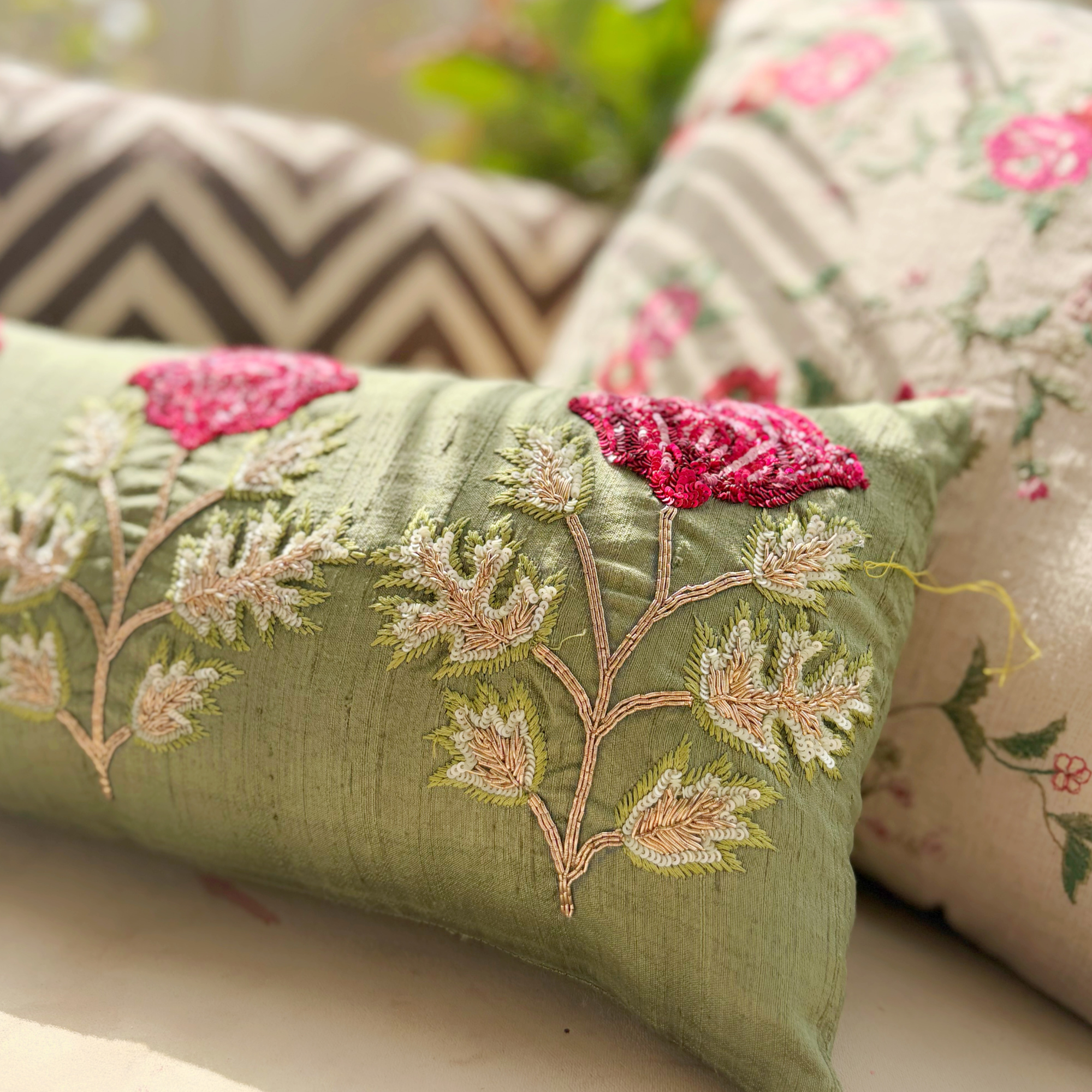 Handcrafted Poppy Sitara Cushion Cover( 8 by 16 Inches)