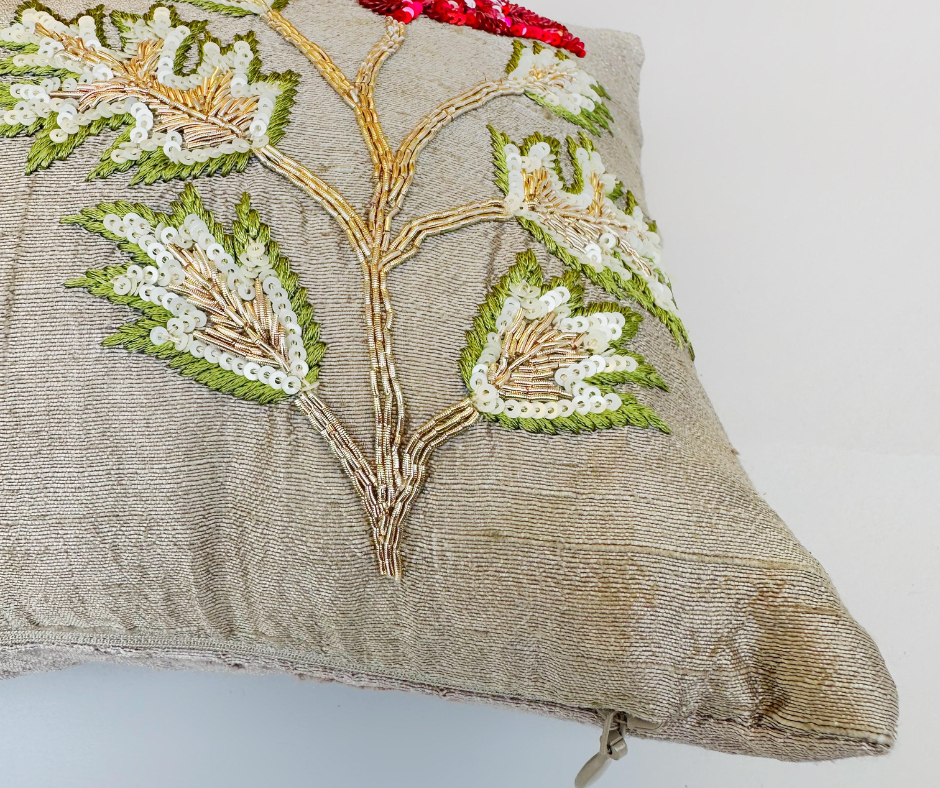 Poppy Sitara Handcrafted Raw Silk  Cushion (8 by 16 Inches)