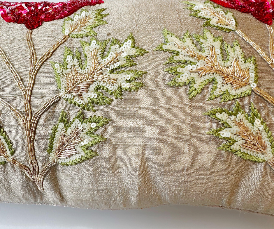 Poppy Sitara Handcrafted Raw Silk  Cushion (8 by 16 Inches)