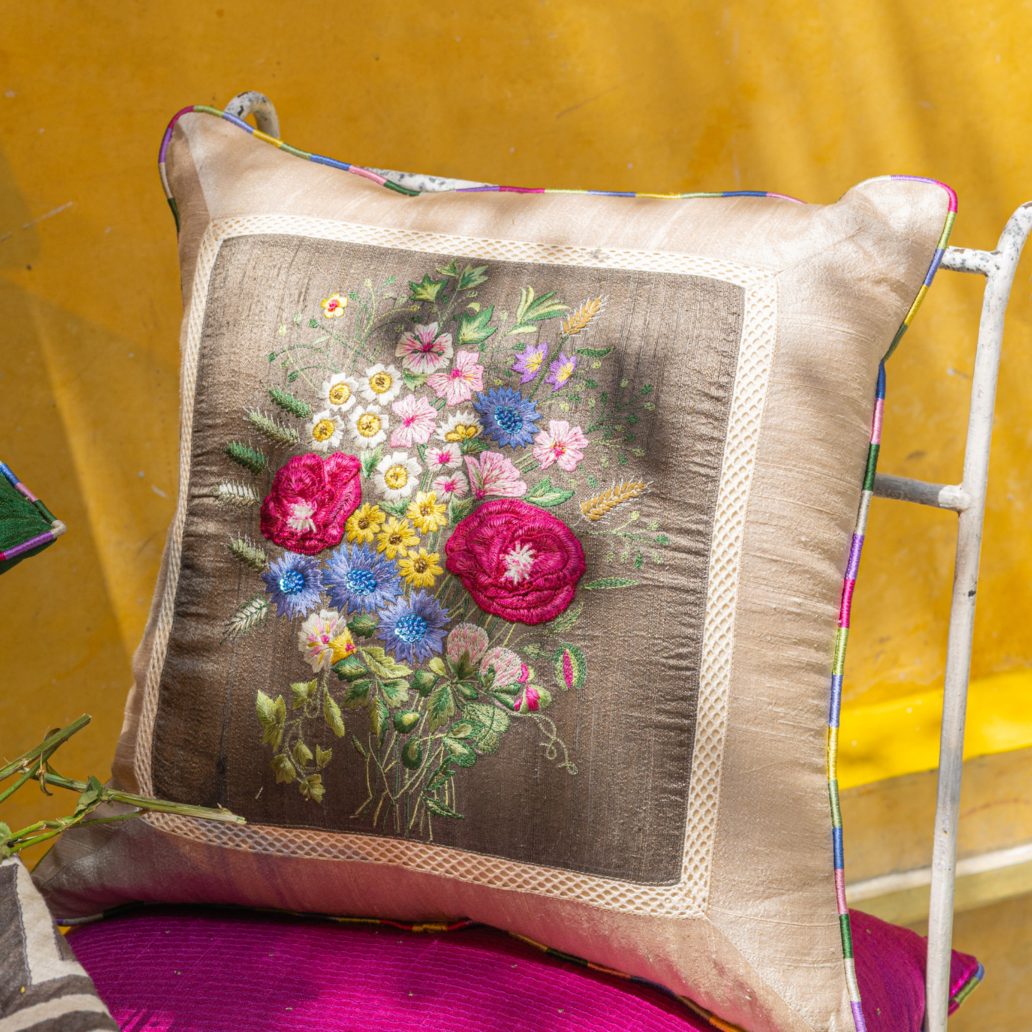 Tuscany Poppy Raw Silk Cushion Cover (18 by 18 inches)