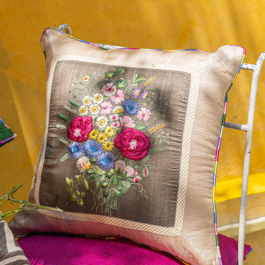 Tuscany Poppy Raw Silk Cushion Cover (18 by 18 inches)