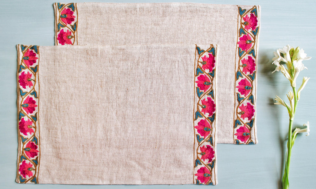 Suzani Embroidered Linen Placemats (Set of 4) (13 by 20 Inches)