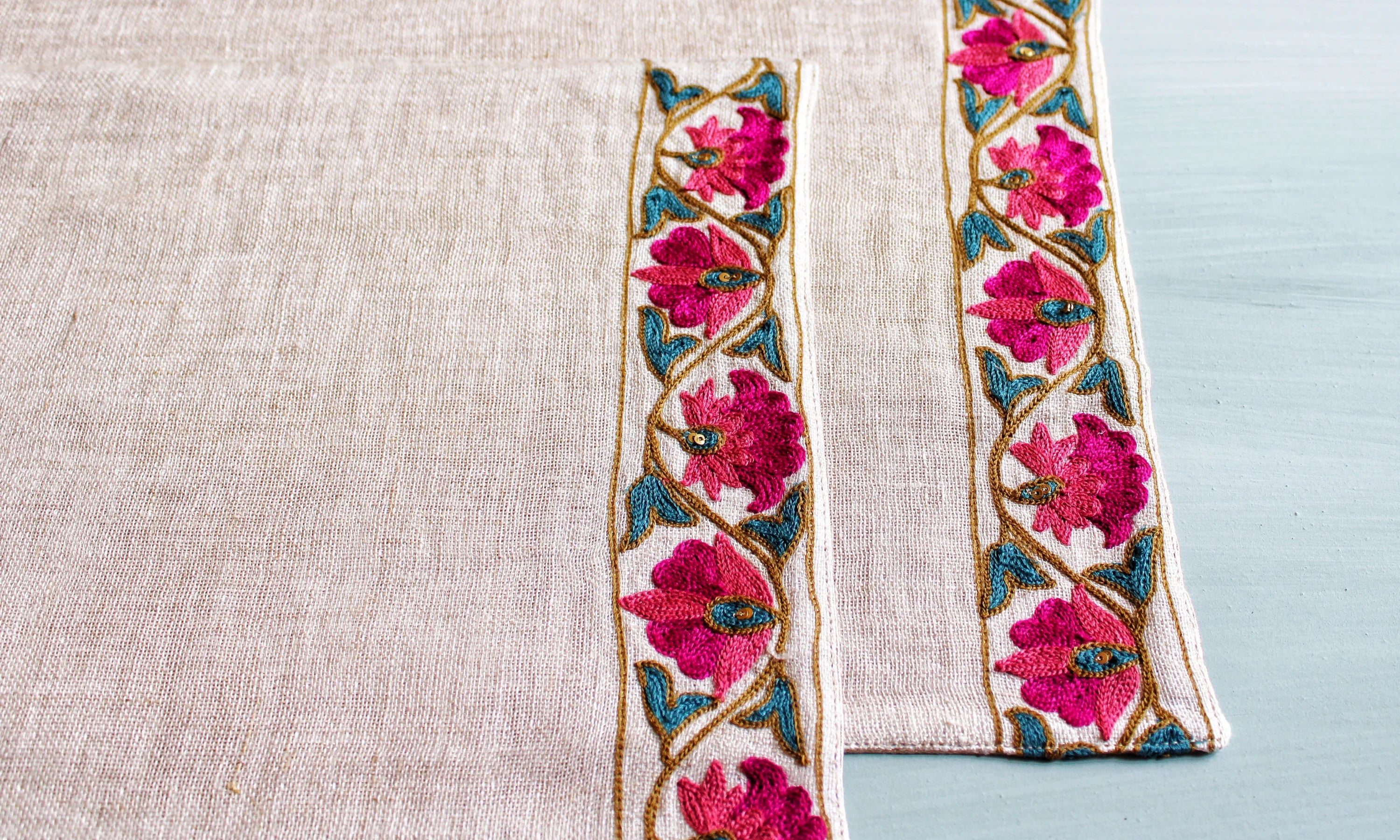 Suzani Embroidered Linen Placemats (Set of 4) (13 by 20 Inches)