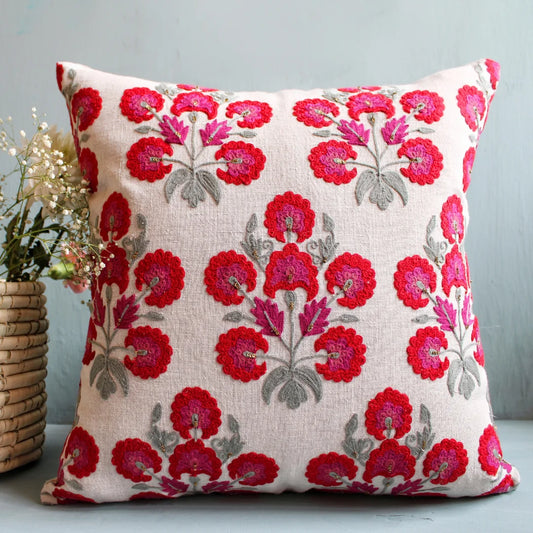 Red Butah Suzani Cushion Cover (18 by 18 Inches)