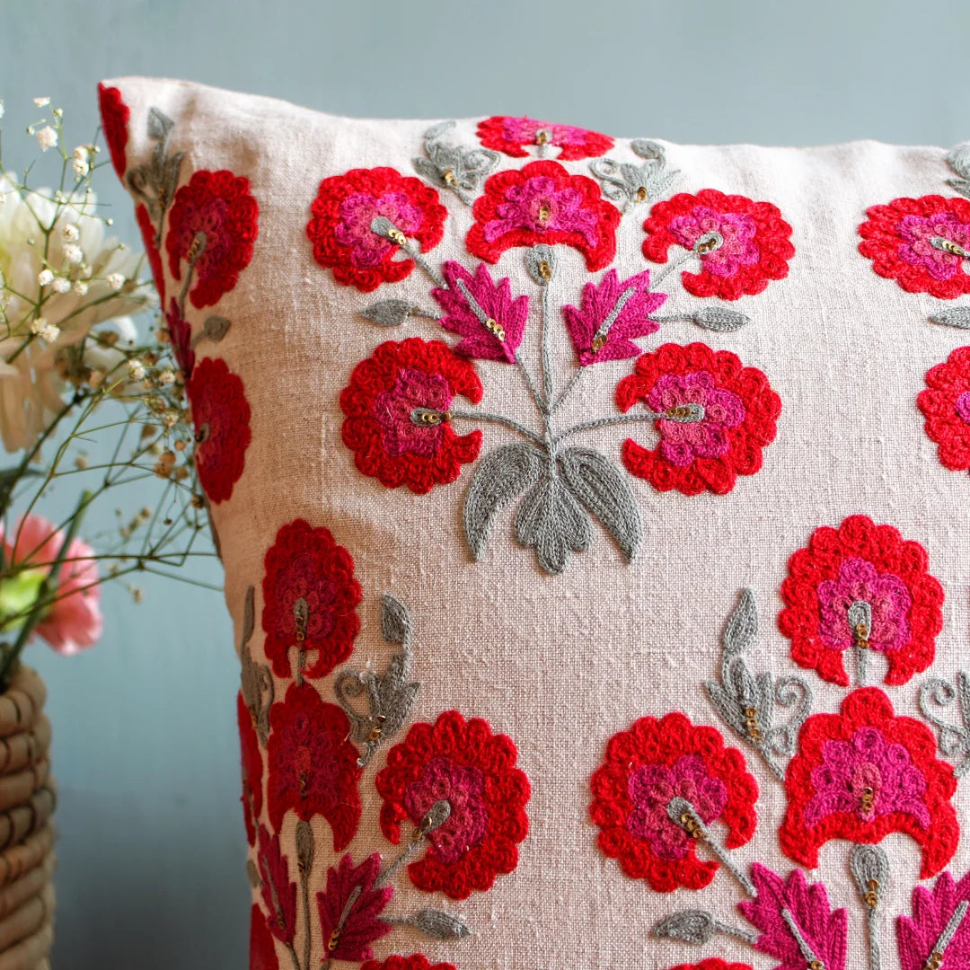 Red Butah Suzani Cushion Cover (18 by 18 Inches)