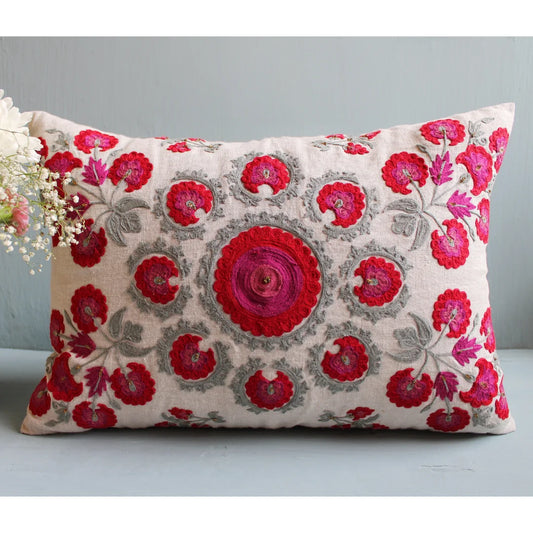 Red Round Butah Suzani Cushion Cover (14 by 20 Inches)