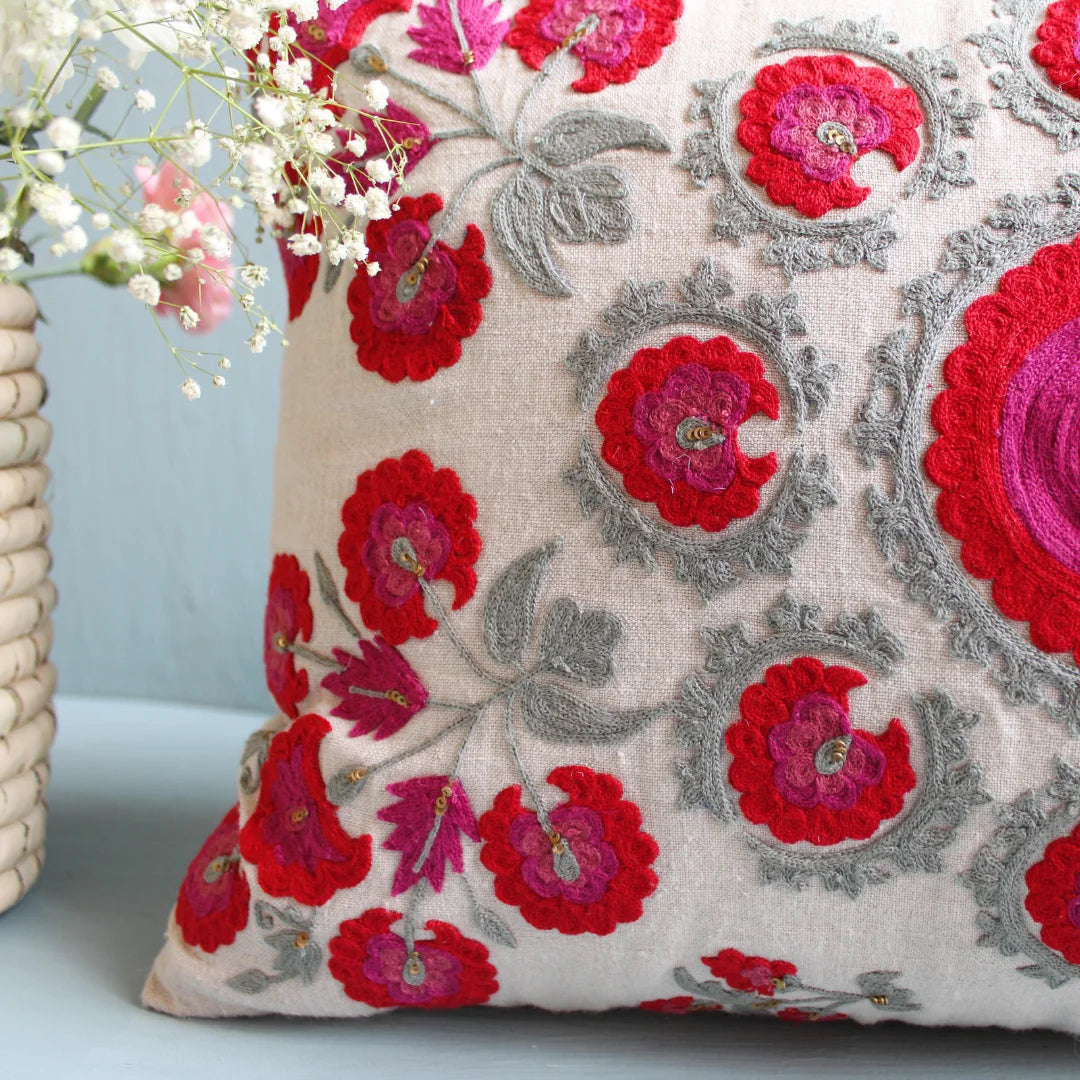 Red Round Butah Suzani Cushion Cover (14 by 20 Inches)