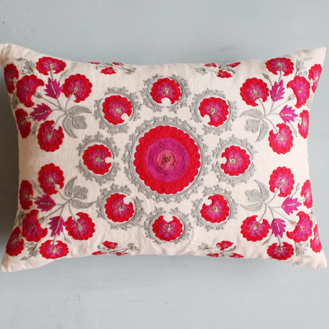 Red Round Butah Suzani Cushion Cover (14 by 20 Inches)