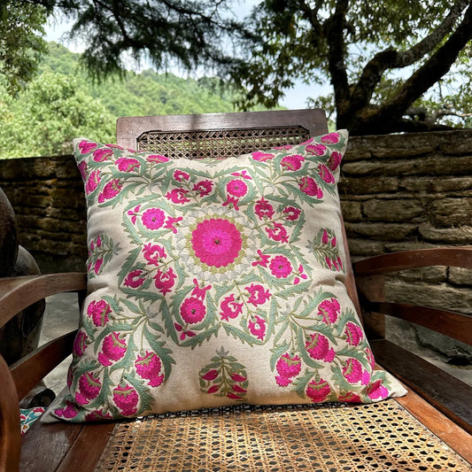 Gulabi Bhag Suzani Cushion Cover (20 by 20 Inches)