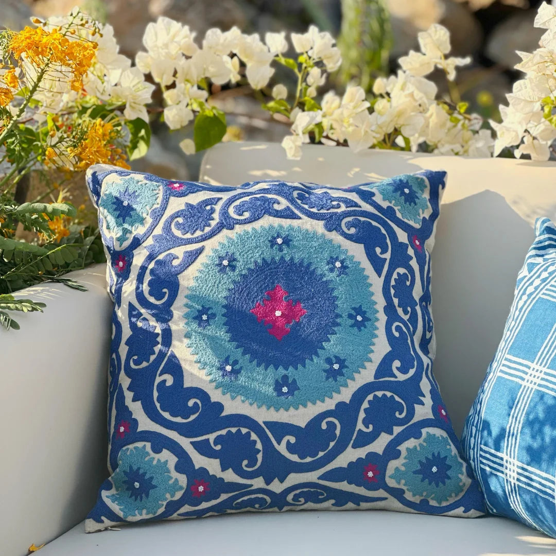 Blue Ocean Suzani Cushion Cover (18 by 18 Inches)