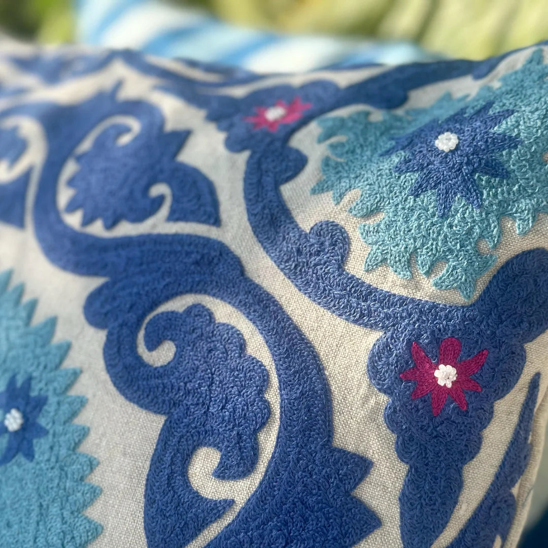 Blue Ocean Suzani Cushion Cover (18 by 18 Inches)