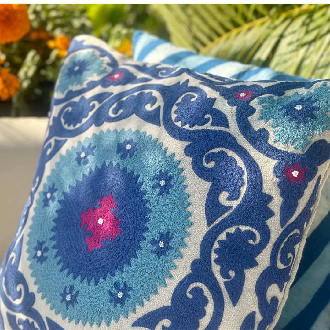 Blue Ocean Suzani Cushion Cover (18 by 18 Inches)