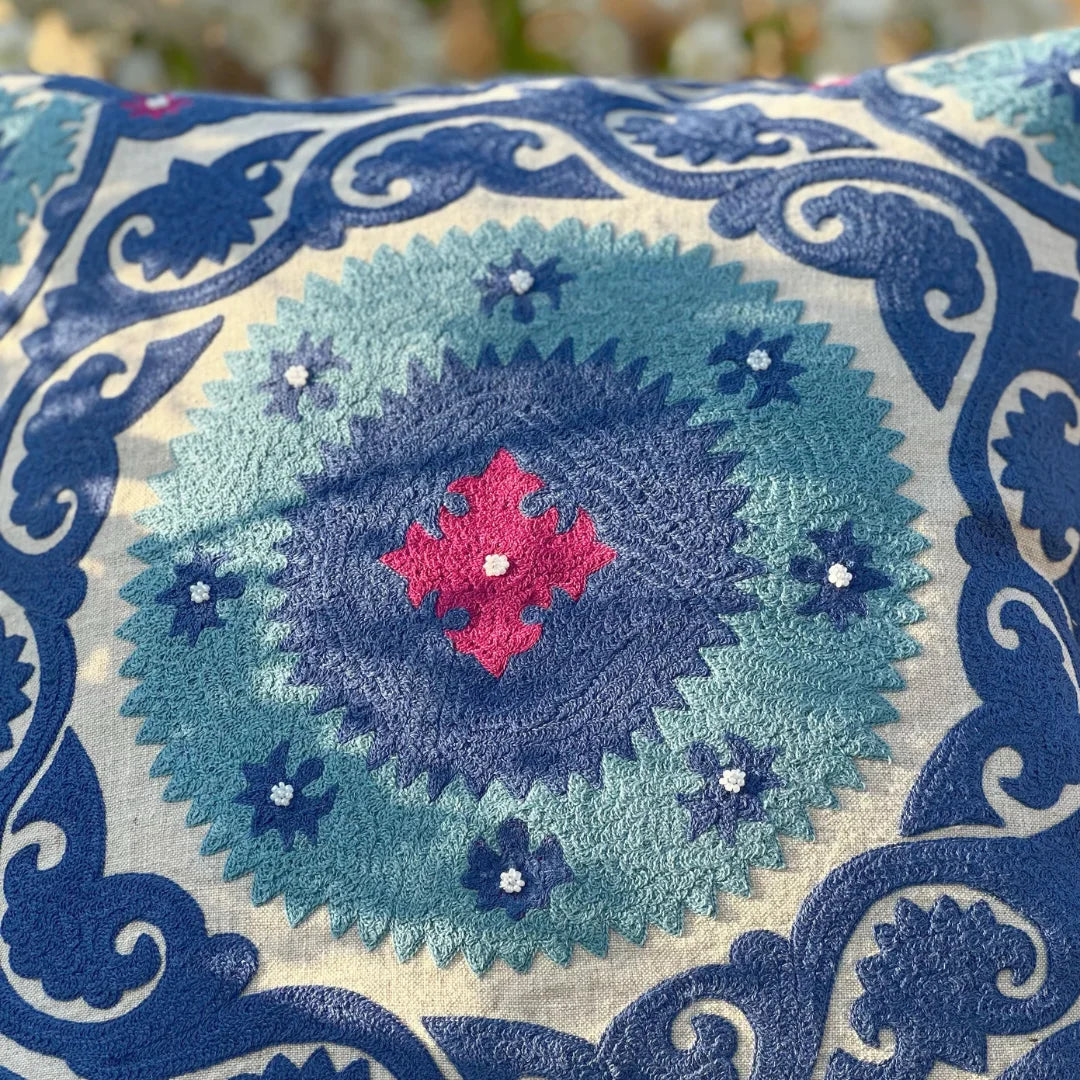 Blue Ocean Suzani Cushion Cover (18 by 18 Inches)