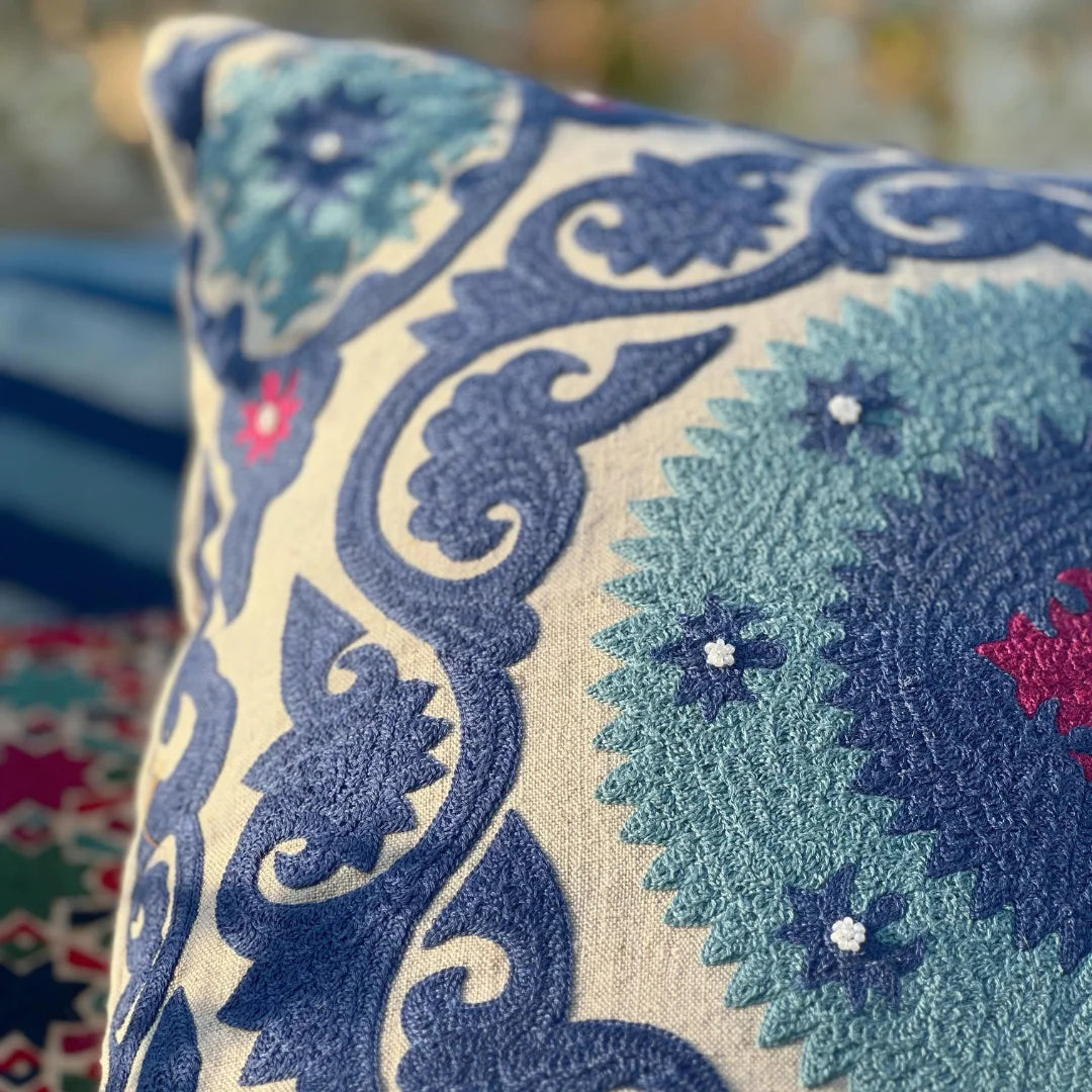 Blue Ocean Suzani Cushion Cover (18 by 18 Inches)