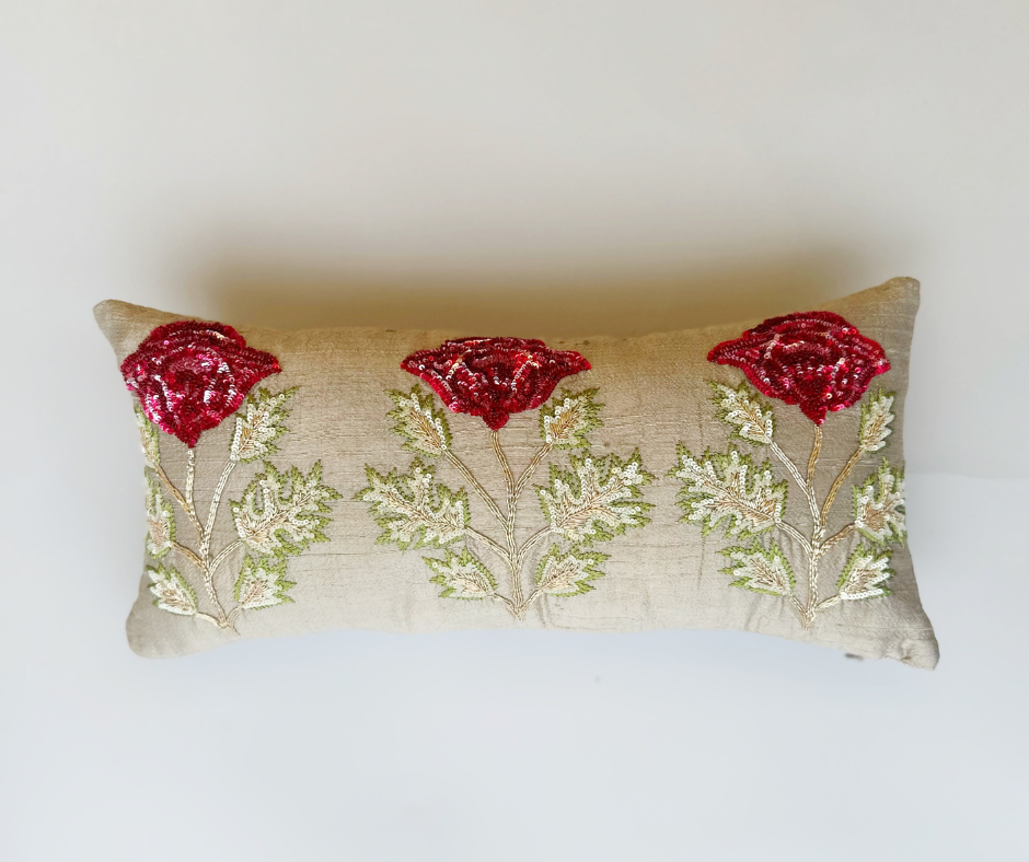 Poppy Sitara Handcrafted Raw Silk  Cushion (8 by 16 Inches)