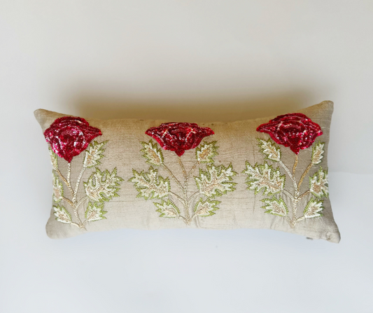 Poppy Sitara Handcrafted Raw Silk  Cushion (8 by 16 Inches)
