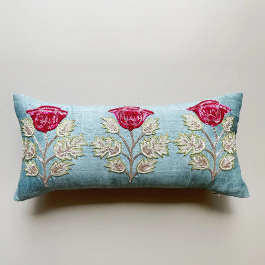 Firozi Sitara Silk Cushion Cover (8 by 16 Inches)