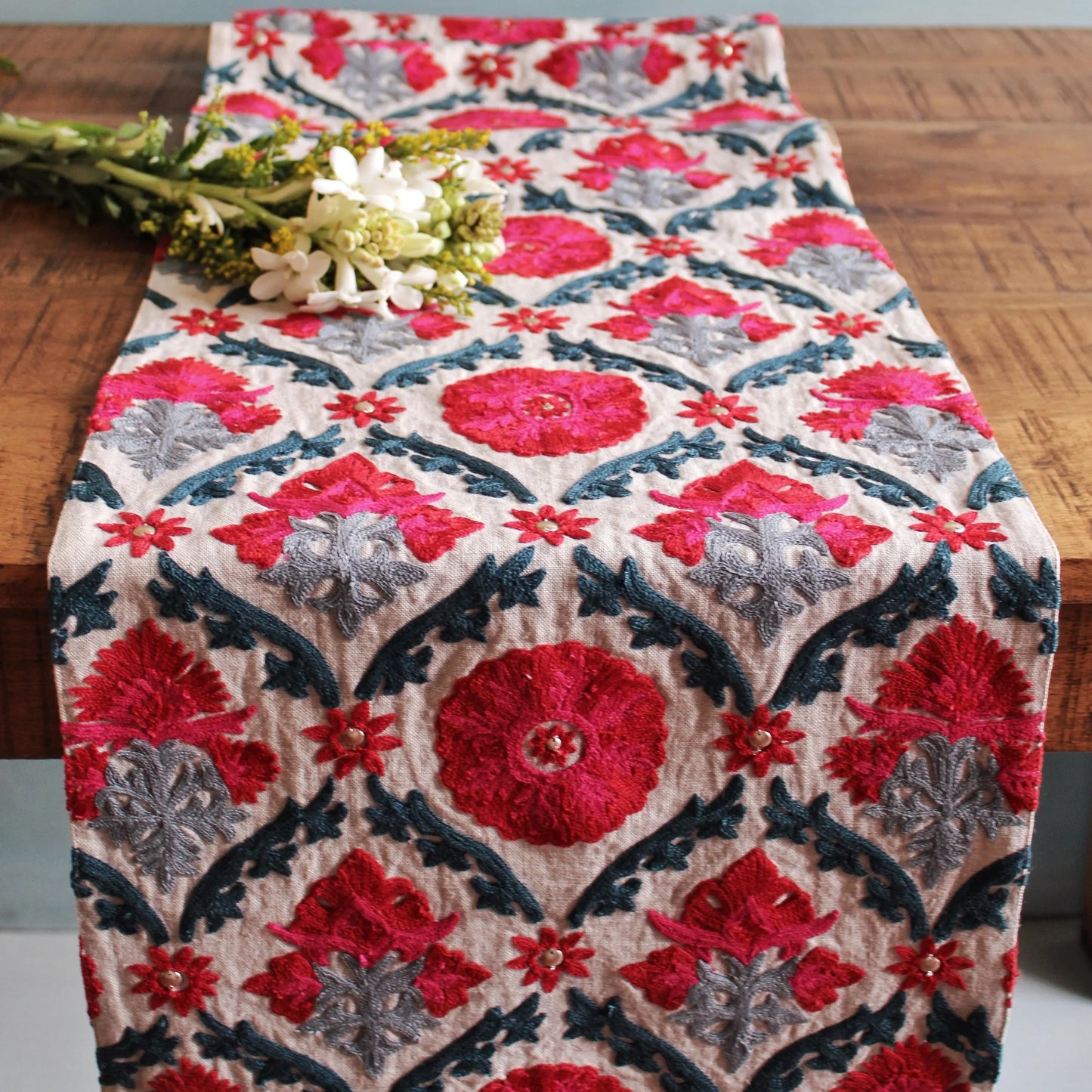 Suzani Embroidered Table Runner (Red) (13 by 72 Inches)